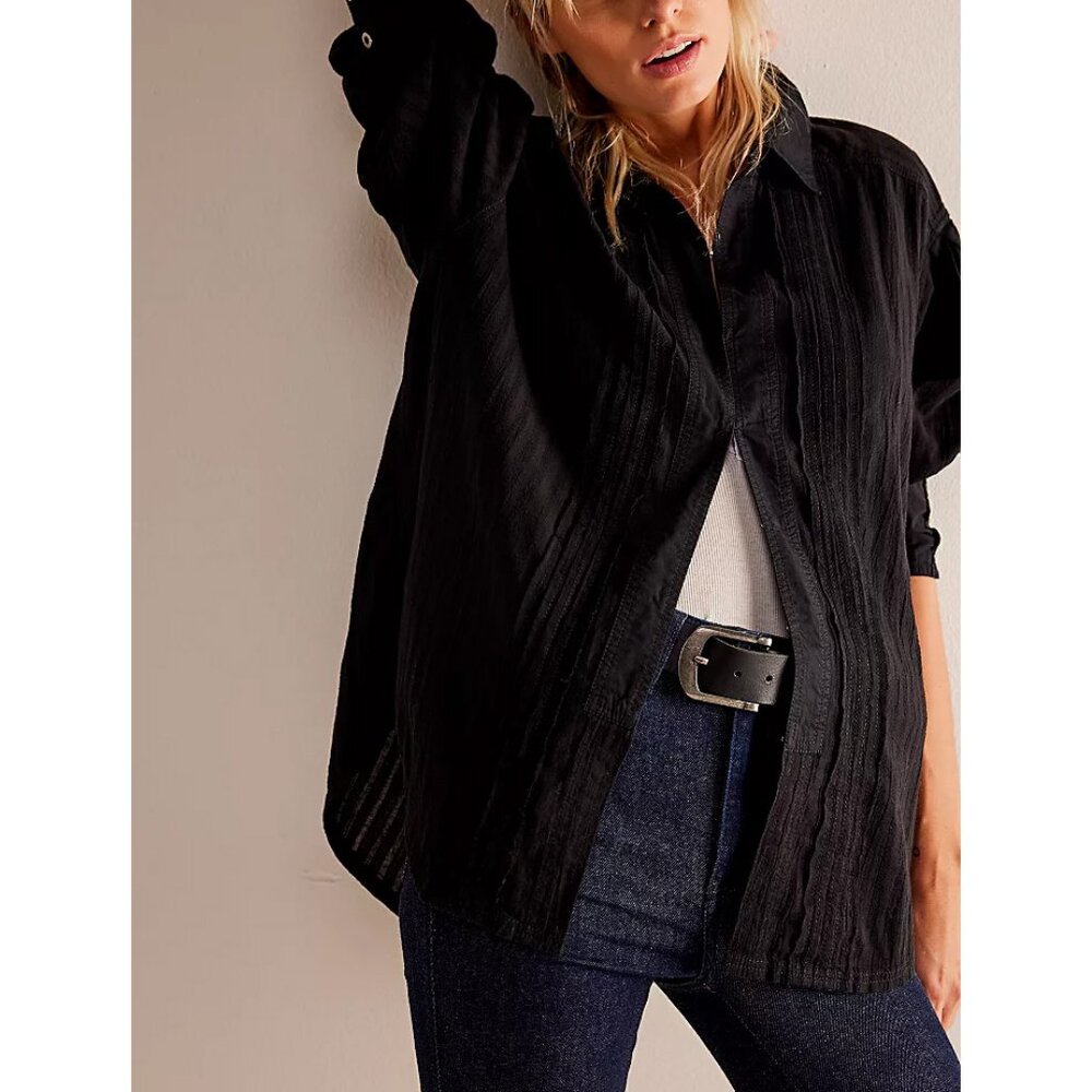 Free People Black Textured Button-Down Shirt